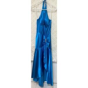 Vintage Blondie Nites Prom Dress Gown Blue Y2K Glam Ruffle Bow Halter Satin 3